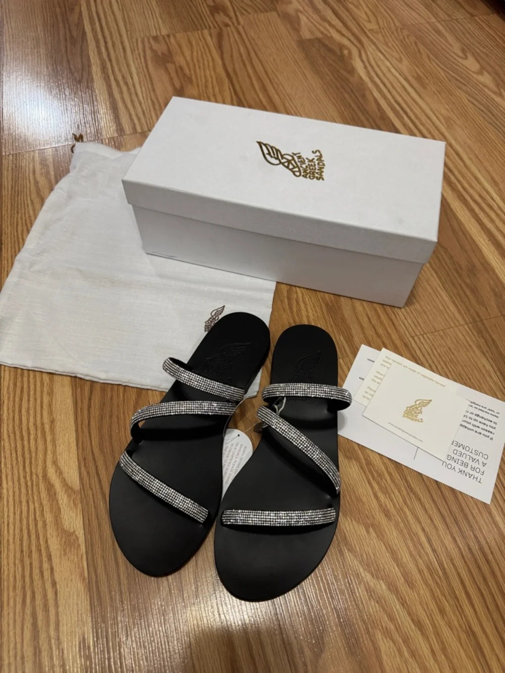 Ancient Greek Sandals Black Rhinestone Triple-Strap Slide Sandals EU37